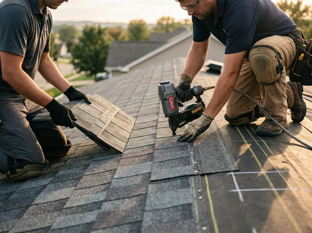 Professional roofer working on a residential roof in North Arlington